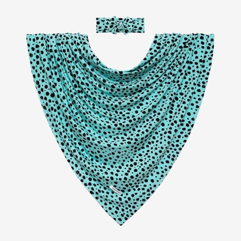 Posh Peanut‎ Pebbles Swaddle Blanket Headwrap Bow Set Teal Black Dots Cheetah